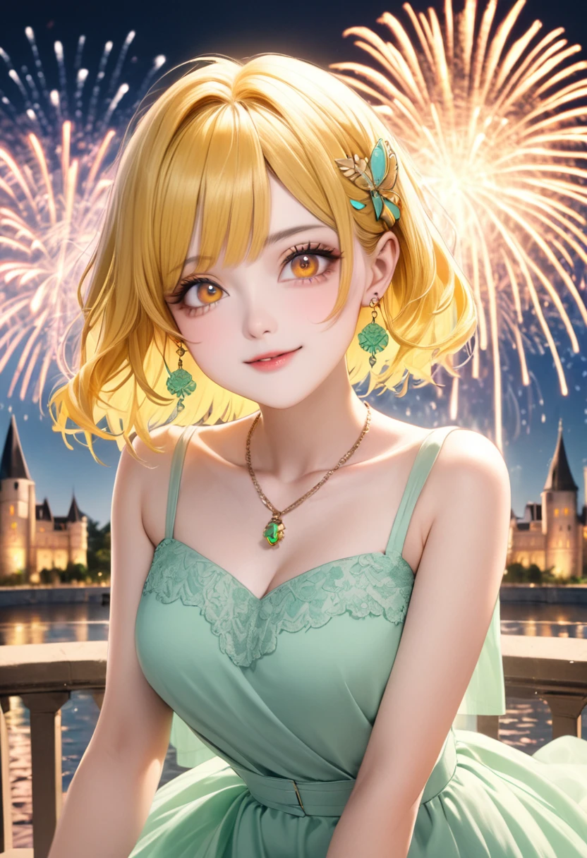 1 female Short yellow hair Yellow eyebrows Orange eyes society Pastel green long dress Castle and fireworks Hair clip Earrings and matching necklace