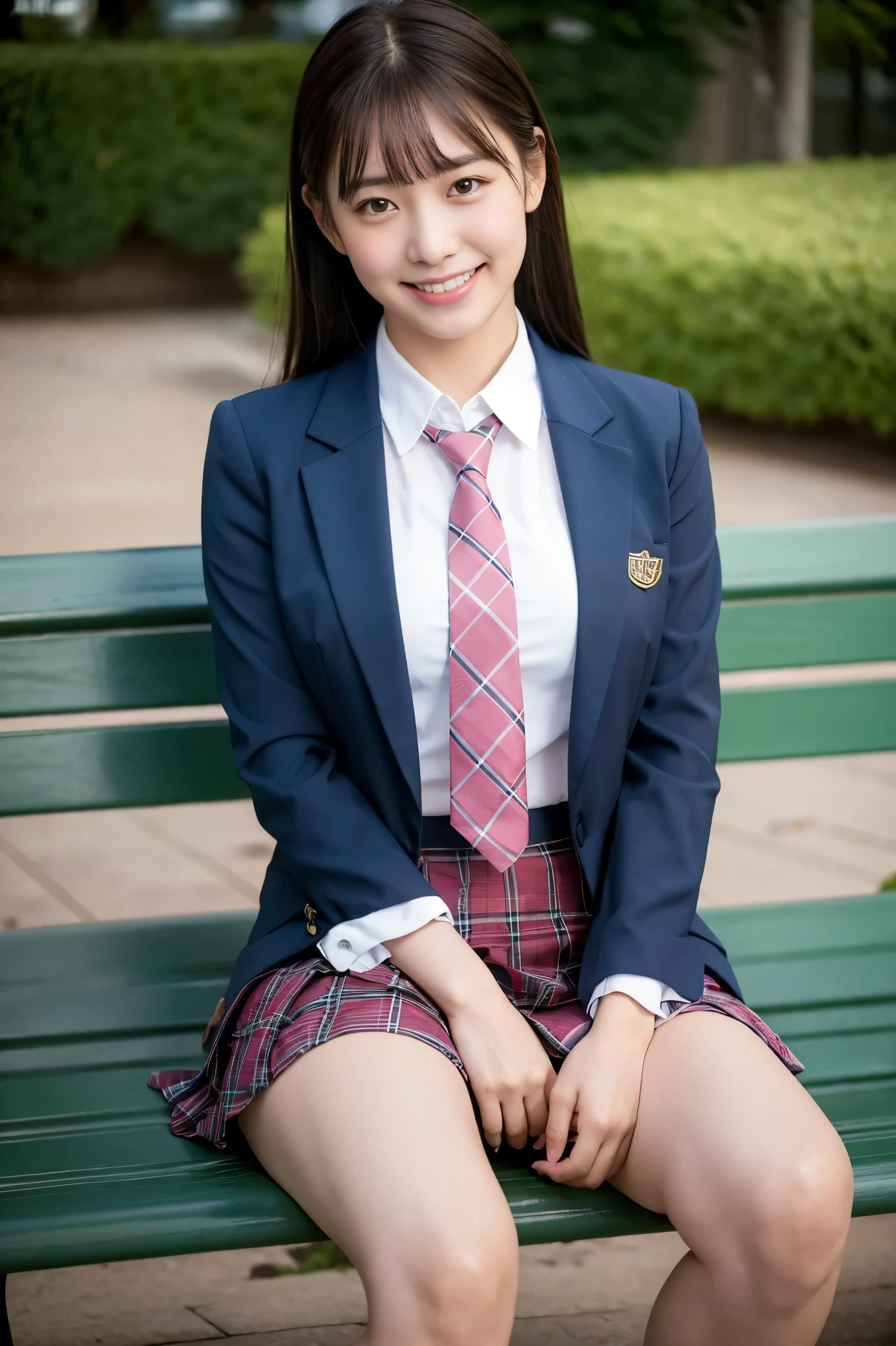 (8K), (highest quality: 1.2), (Realistic), (Realistic: 1.37), Ultra-high resolution, 1 girl, cute, (Embarrassed smile:1.2), (Blushing:1.4),Mouth closed, Beautiful details, Beautiful Nose, Wet Hair,bangs, giant dulcefo, pork, Thighs,Navel exposed,University Student Uniform,A simple blazer,Pleated skirt,(The skirt and tie are tartan check pattern.:1.3),Platform boots, (sitting on a park bench:1.2),(Shiny Thighs:1.2), medium shot , closed legs