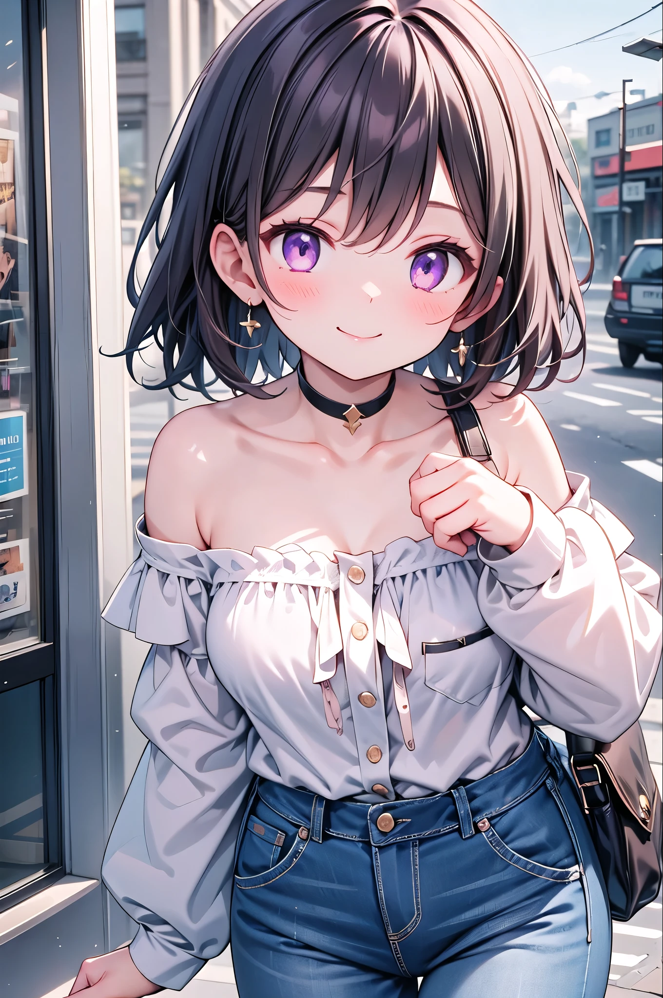 BREAK High Quality,smile,woman,woman1人,adult,cute,Medium bob hair,
Black Hair,Purple eyes, Pink off-shoulder blouse,
Short Jeans Pants,Piercing,Black choker,BREAK Touching cheek with hand,Background white,BREAK
smile,Sparkling eyes,
