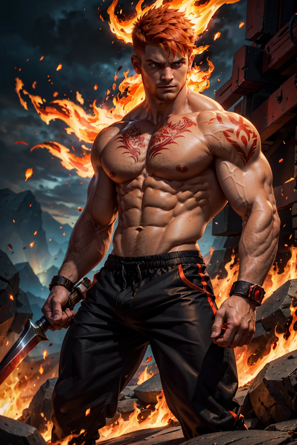 A strong, muscular man with short, fiery orange undercut hair and freckles stands in a battle-ready stance. He is shirtless, revealing his well-defined torso and arms, adorned with intricate red tattoos that resemble flames and embers. He wears fitted, flame-patterned pants in red and black, which accentuate his powerful physique. His smooth, well-groomed underarms are visible. The surroundings are ablaze with warm hues of red, orange, and gold, creating a dramatic and intense atmosphere. Flames erupt around him, casting dynamic shadows and emphasizing his readiness for combat. The ground is covered in glowing embers and ash, reflecting the fiery nature of his element. The image is rendered in a photorealistic, hyper-realistic 8k style, with vibrant HDR and chiaroscuro lighting that highlights the fiery energy and motion of the scene. His eyes burn with a fierce intensity, showcasing his mastery of fire and his readiness for battle