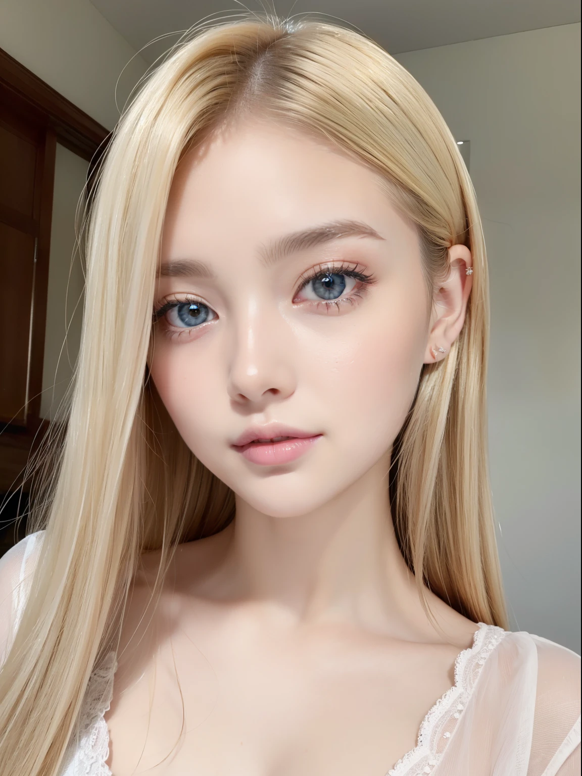 Dazzling golden shine、Silky blonde fine hair、Super long straight hair、Hitting the face and front of the eyes、bright, Very beautiful pale marine blue eyes、Sheer white and wet nightgown、Nordic youth、Perfect body、White beautiful skin、Glowing Skin、Small Face Beauty、Babyng and beautiful skin、Perfect beautiful little face、bright makeup、Cheek gloss、Gloss Face、Very beautiful face、Pale pink lips、bright表情、A very cute 16 year old gned shirt、lipstick、Deceptive advertising、{vapor}、Viewer's vision、Golden Hour Lighting、Bokeh Atmosphere Perspective、detailedな動画 ライト、Intricate details、High resolution、フェイスデザインのdetailedな特徴、detailed、Clear focus、Smoothness、aesthetics、Printed、Octane、masterpiece、{{}}