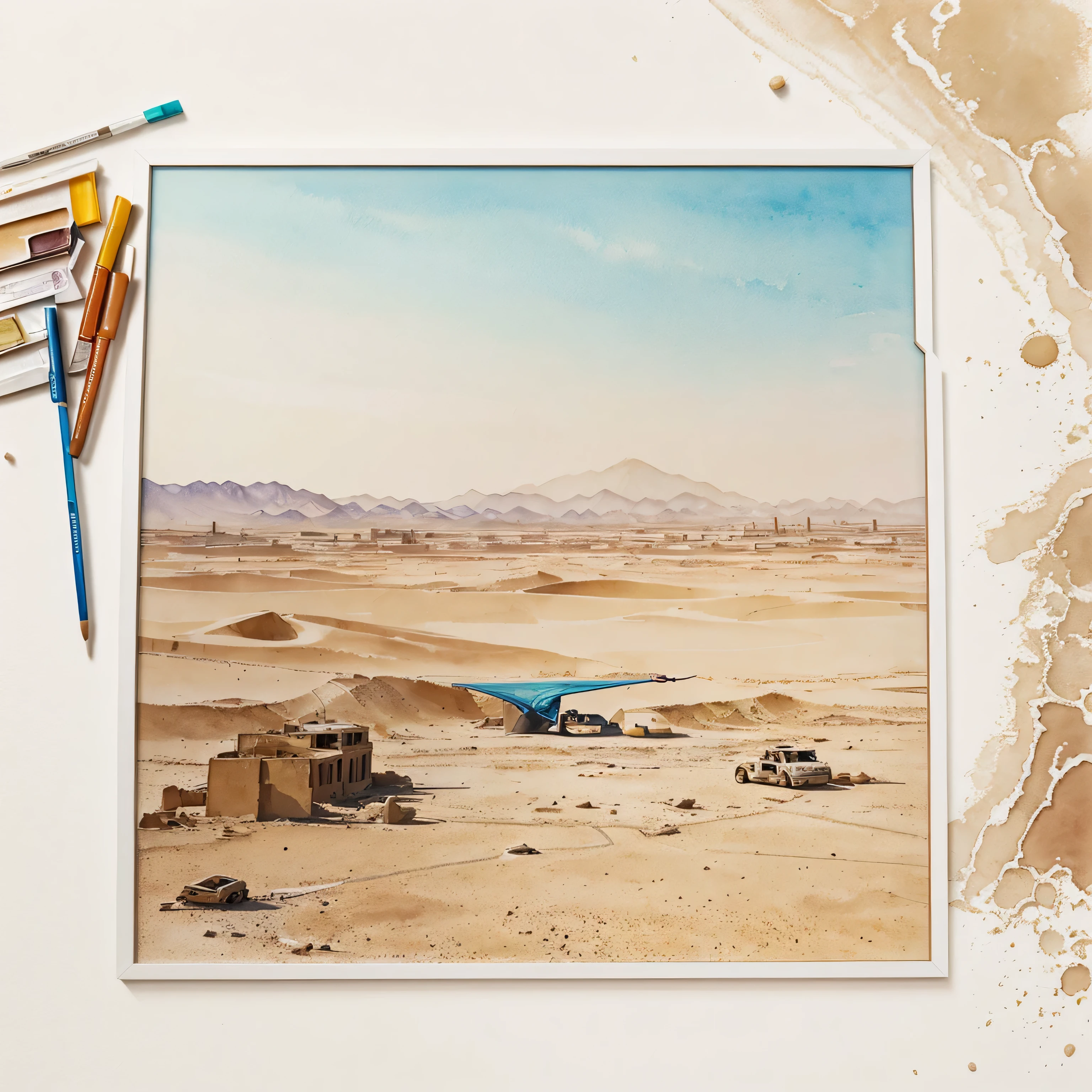 hyperrealistic drawing, with lines measuring distance between lines and curves of the object in question.An abandoned city on a desert planet, covered by golden sand, right side with hang glider, base da imagem com Soft Watercolor Splash: Watercolor stains in pastel tones on a white background., Earthquake photo frame.