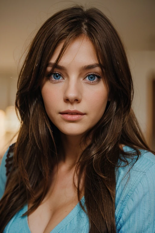 a woman from the front with long light brown hair and blue eyes