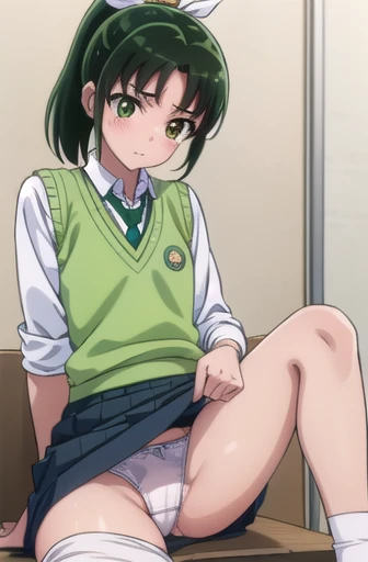 naomidorikawa, Nao Midorikawa, short hair, (Green Eyes:1.3), ponytail, Green Hair, ribbon, hair ribbon, smile,
break skirt, , tie, Rolled up my sleeves, Sweater vest, green tie, nanairogaoka middle ,Thighs、Bed、blush、Shame face、(((Panty shot、Skirt lifted、Cute white panties)))、Sit on the sofa、Knee Up、
Hold your knees with both hands、break indoors,classroom,
break looking at viewer, Dynamic pose,
break (masterpiece:1.2), Highest quality, High resolution, unity 8k wallpaper, (figure:0.8), (Beautiful attention to detail:1.6), Highly detailed face, Perfect lighting, Highly detailed CG, (Perfect hands, Perfect Anatomy),