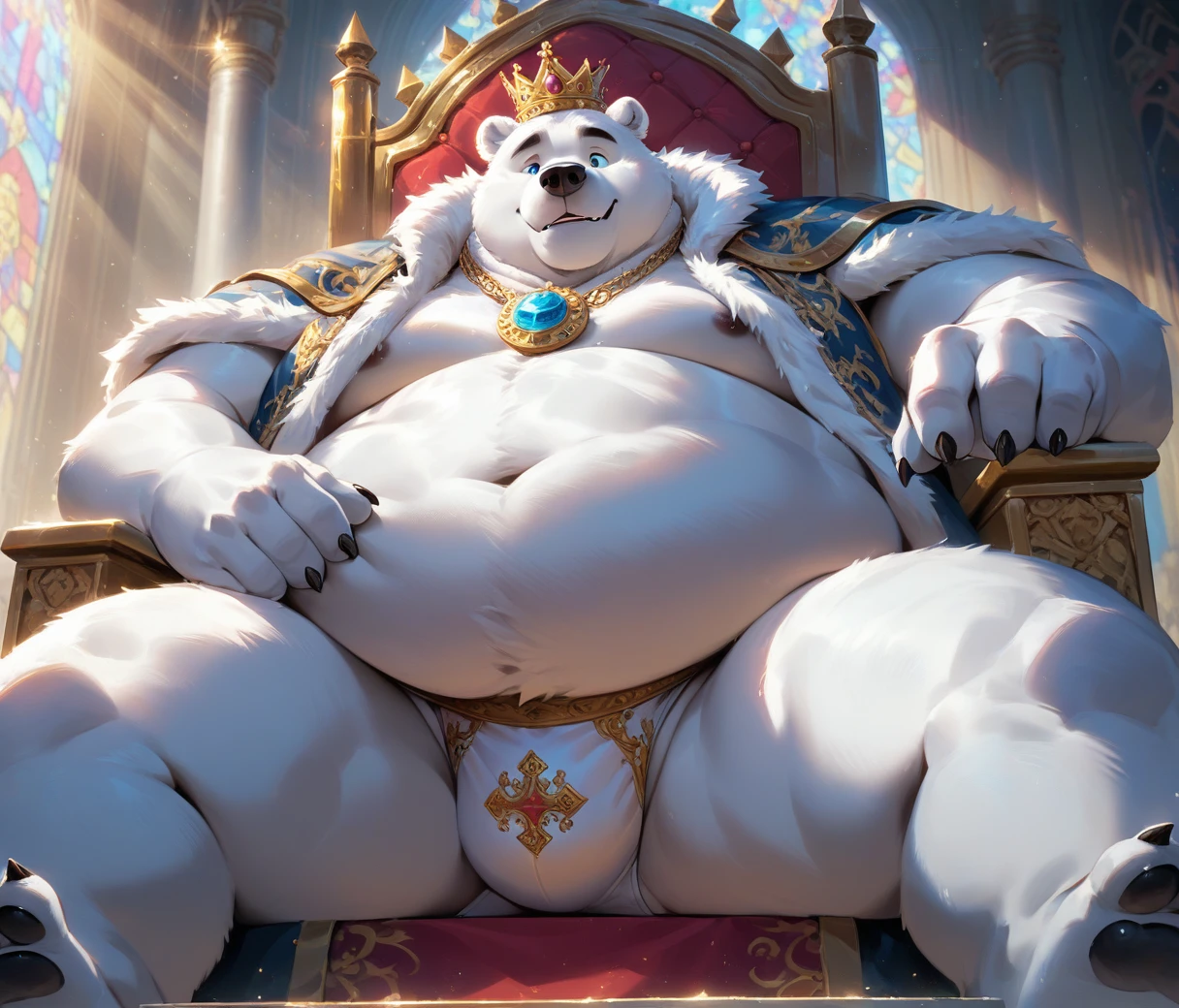 (cute, fat, obese, anthro, male, polar bear), sitting in throne naked, vest, white briefs, medieval crown, jewelry, luxurious cloak, golden rings, (low-angle view), at throne room, highly detailed, intricate details, best quality, masterpiece, sunshine, light rays, detailxl
