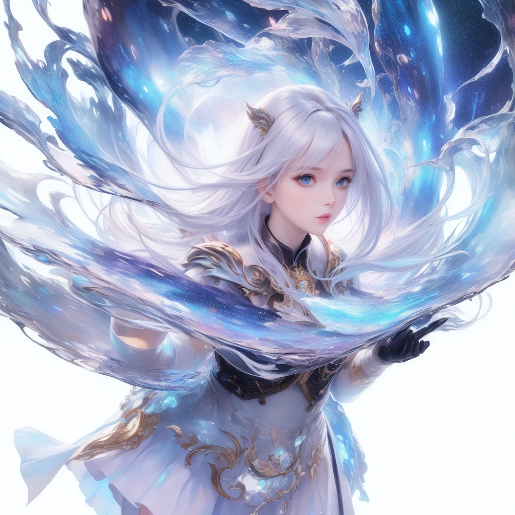 ((masterpiece)), (((best quality))), ((Super detailed)), ((illustration)),[Realistic lighting effects],shadow,(Fantasy style),(White background:1.6), Simple background, (earth theme),(A cape)[(hair focus,((1 Girl)),[(Big slime hair): (Cloud):0.3], (hair on background),(High Saturation),(The hair is surrounded by galactic splashes),)):((Her hair turned into a galactic cloud,:1.27628), (Hair and clothes are galactic clouds and star clusters:1.1025),(A cape is becoming galaxy clouds)