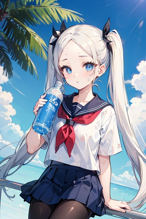 forehead,twintail hair,white hair,blue eyes, and 120cm,school sailor uniform with dark black pantyhose, Pocari Sweat TV commercial style, junior high school girls' youth, refreshing,forehead,In the schoolyard, with an angle from the sky,Hydration, have a blue plastic bottle, sports drink,forehead,