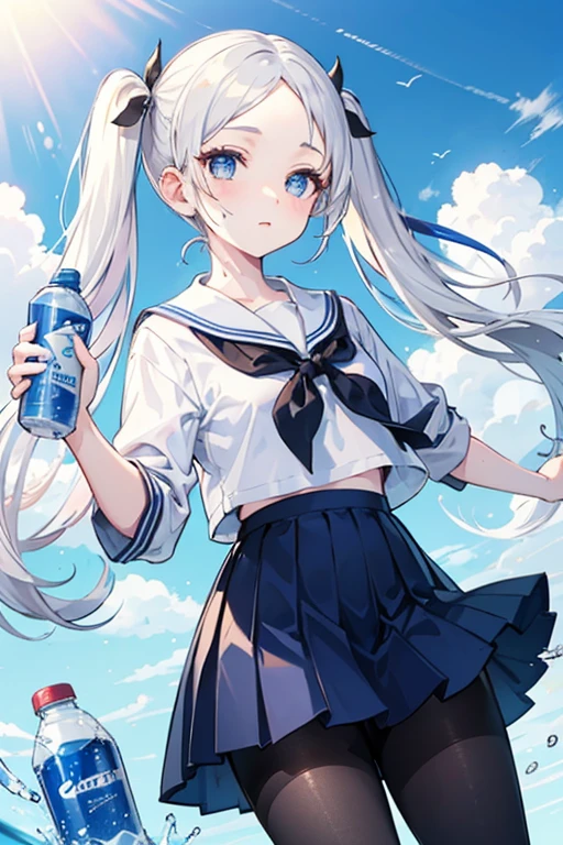 forehead,twintail hair,white hair,blue eyes,13yo and 120cm,school sailor uniform with dark black pantyhose, Pocari Sweat TV commercial style, junior high school girls' youth, refreshing,forehead,In the schoolyard, with an angle from the sky,Hydration, have a blue plastic bottle, sports drink,forehead,