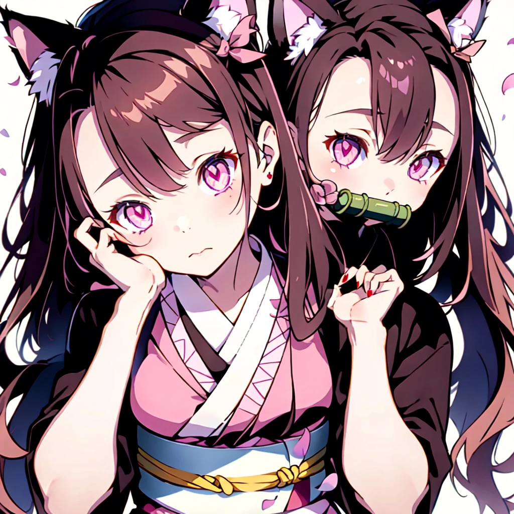 One girl, Animal earsの毛, Animal ears, bamboo, bit gag, blush, Brown Hair, Cat ear, Checkerboard, Checkerboard heart, nailのポーズ, nail, amount, gag, gagged, hair ribbon, kimono, kamado nezuko, kimono, Long Hair, View your viewers, Hold your mouth, Multicolored Hair, heart, petal, Pink Eyes, pink kimono, pink ribbon, ribbon, sash, sharp nail, alone, very Long Hair, Wide sleeves,White background、