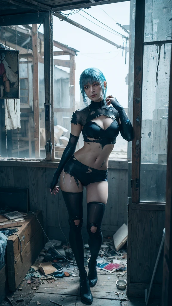 Dark and dark full body 8K drive rendering, age Female Cyborg, blue hairs, Wearing broken battle armor, In a cluttered and messy hut, action SHOT, Torn tattered shirt, Cracked porcelain skin, Skin pores, Detailed complex iris, Very dark lighting, heavy shadow, Detailed and detailed face, ((vibrating, photos realistic, realist, Dramatic, murky, foco nítido, 8?And then)), ::Futuristic cyberpunk style, Realistic style, ::n_digital-painting style