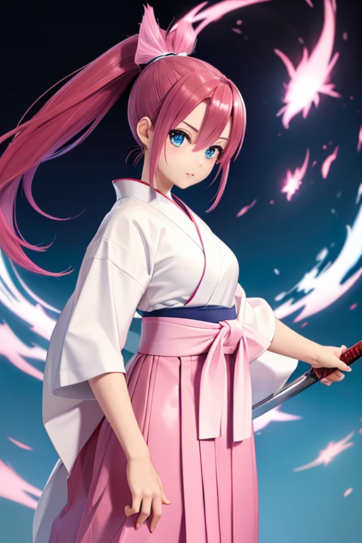 Perfect Anatomy Highest quality,Highest Resolution,(((dark pink hair ponytail Shiny blue and white hakama ))) Furai no Shiren Asuka Japanese sword cool