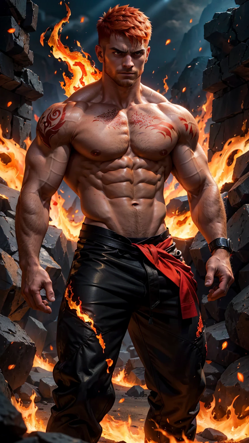 A strong, muscular man with short, fiery orange undercut hair and freckles stands in a battle-ready stance. He is shirtless, revealing his well-defined torso and arms, which are covered in intricate red tattoos that resemble flames and embers, extending across his entire chest and back. He wears fitted, flame-patterned pants in red and black, which accentuate his powerful physique. His smooth, well-groomed underarms are visible. The surroundings are ablaze with warm hues of red, orange, and gold, creating a dramatic and intense atmosphere. Flames erupt around him, casting dynamic shadows and emphasizing his readiness for combat. The ground is covered in glowing embers and ash, reflecting the fiery nature of his element. The image is rendered in a photorealistic, hyper-realistic 8k style, with vibrant HDR and chiaroscuro lighting that highlights the fiery energy and motion of the scene. His eyes burn with a fierce intensity, showcasing his mastery of fire and his readiness for battle.