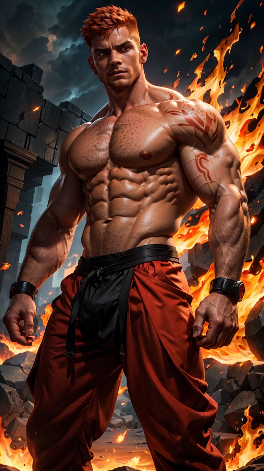 A strong, muscular man with short, fiery orange undercut hair and freckles stands in a battle-ready stance. He is shirtless, revealing his well-defined torso and arms, which are covered in intricate red tattoos that resemble flames and embers, extending across his entire chest and back. He wears fitted, flame-patterned pants in red and black, which accentuate his powerful physique. His smooth, well-groomed underarms are visible. The surroundings are ablaze with warm hues of red, orange, and gold, creating a dramatic and intense atmosphere. Flames erupt around him, casting dynamic shadows and emphasizing his readiness for combat. The ground is covered in glowing embers and ash, reflecting the fiery nature of his element. The image is rendered in a photorealistic, hyper-realistic 8k style, with vibrant HDR and chiaroscuro lighting that highlights the fiery energy and motion of the scene. His eyes burn with a fierce intensity, showcasing his mastery of fire and his readiness for battle.