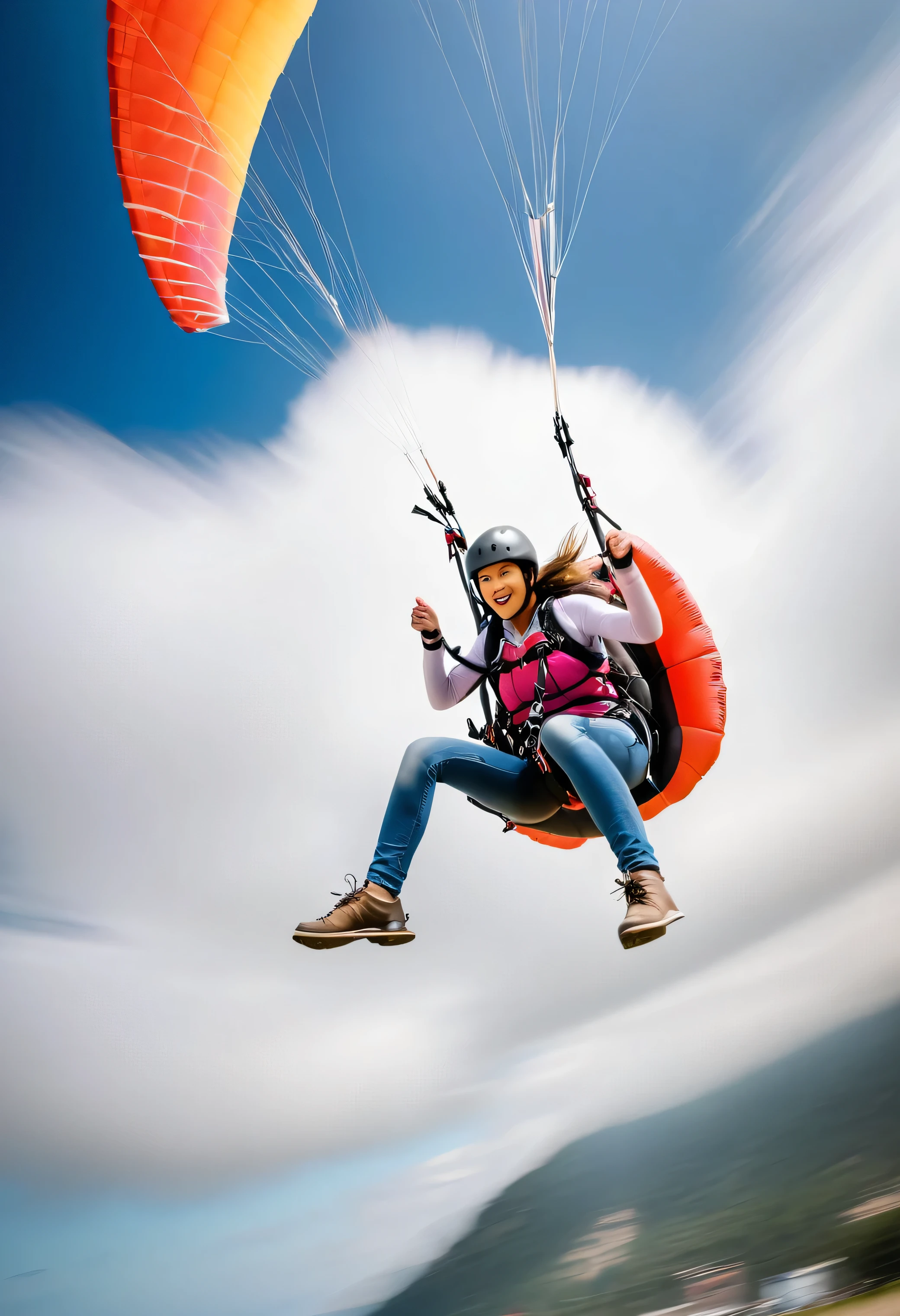 long exposure photo of a {girl on paragliding} in motion, few seagull behind, focus on the girl, soaring the sky,  blurred edges, low angle, below view, slow shutter speed motion photography, smoke trail behind, shot on FujiFilm XT4 camera f/2. ISO 200