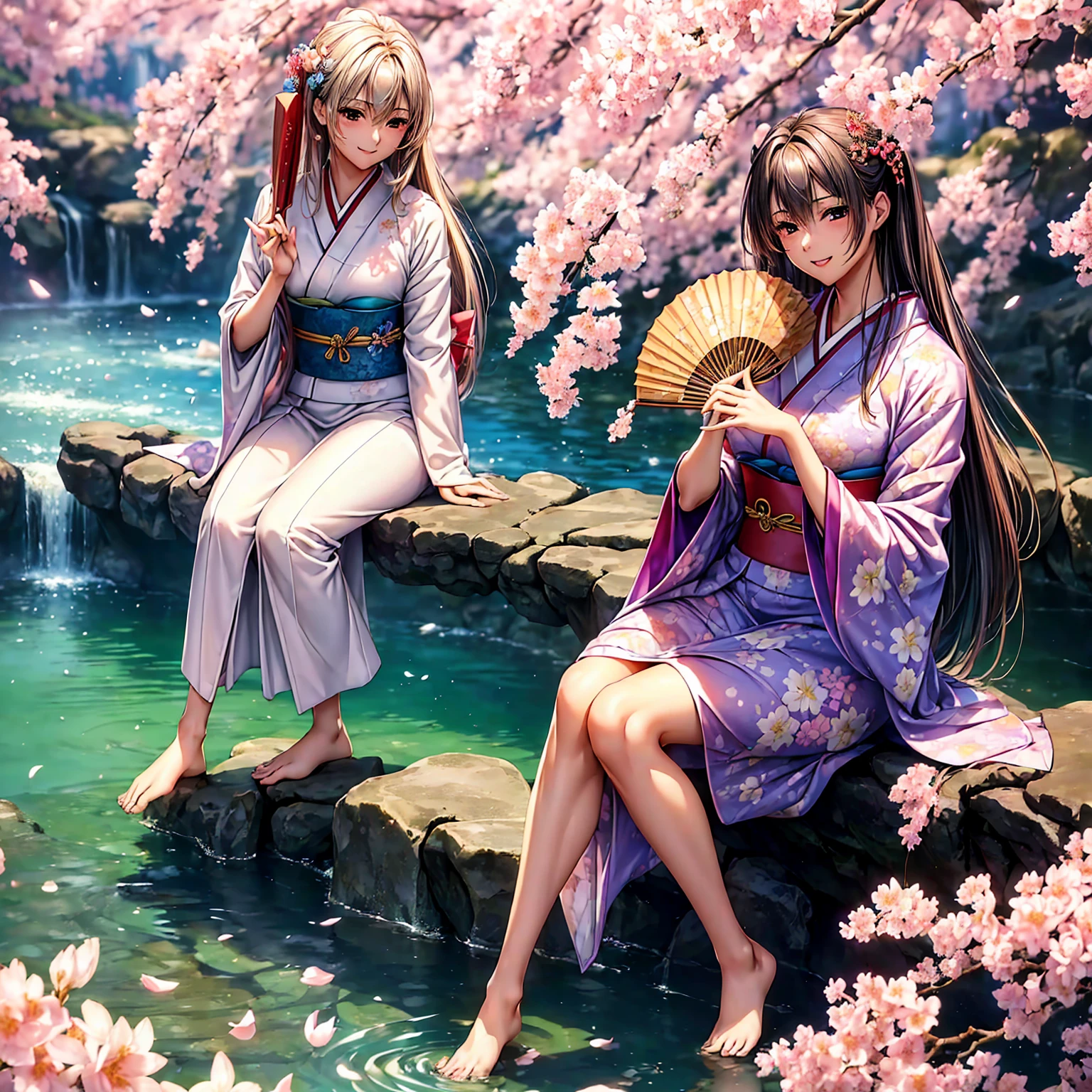 (((Highest quality、masterpiece、Very high resolution、Highly detailed images,2.5th Dimension))),Beauty Painting,(A woman of perfect and ultimate beauty:18-year-old, Beautiful body:Slender and beautiful breasts、Beautiful Face:smile、Beautiful Hair:Colored)、(Best skin and hair texture)、((Beautiful Japanese Kimono:Floral,Holding a folding fan)),、Beautiful waterfront:Cherry blossoms and waterfall,Natural light,Beautiful views,Beautiful colors,(Beautiful posture:1.5)、Model pose、Sculpture Pose、Photo engraving、photo shoot、Overall image、Accurate Images、Accurate anatomy、Perfect Image,Beautiful images,(Best Shot,RAW Photos:1.2)
