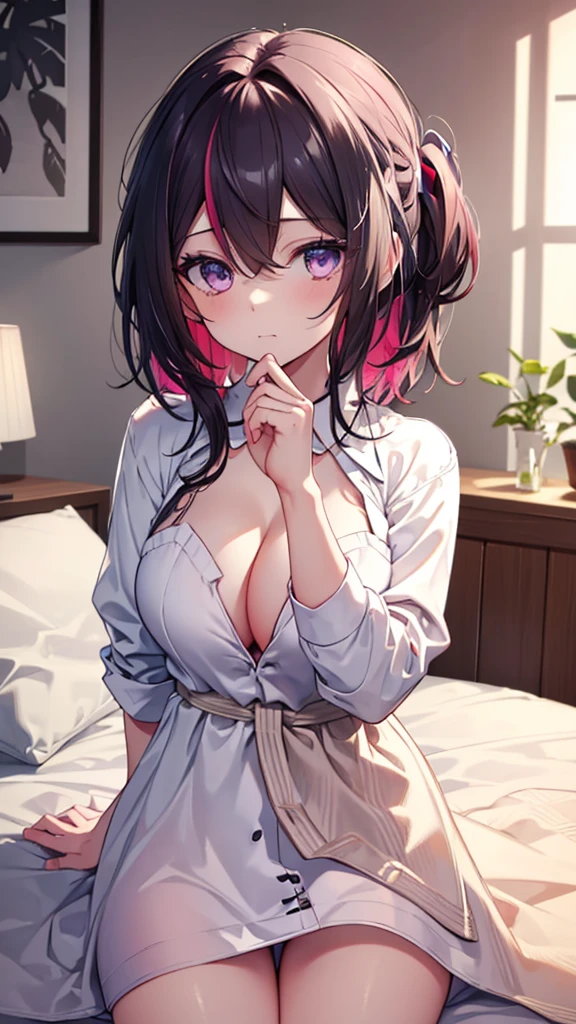 (best quality:1.2), (ultra detailed:1.2),(masterpiece:1.2),(8k:1.2),(Blessed,Captivating body、Ultra detailed hands、Ultra-detailed eyes、Ultra-detailed skin、ultra-detailed face,Detailed Background),One Girl、azki_(hololive) , 1girl, 独奏, multicolored hair, pink hair, purple eyes, black hair, dress, hair between eyes,( white dress shirt, naked shirt,cleavage ,open shirts,large shirts,no panties,bottomless,bedroom)
