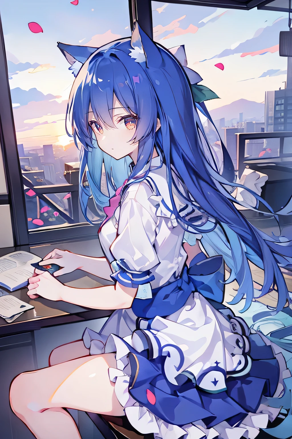 （masterpiece：1.2），Super detailed，lifelike，Expressive eyes，fair skin，perfect face shape，1 girl，
Japanese comics,Gorgeous blue hair,flowing blue hair,flowing clothes,Cat ears,Petals fall,beautiful lola,Baby Angel,
Shaking head with one hand，Cross your legs，，The pavilion is cool and comfortable,smile,back views,sunrise,Petals fall,sunrise，sitting on window sill drinking coffee and looking out the window。