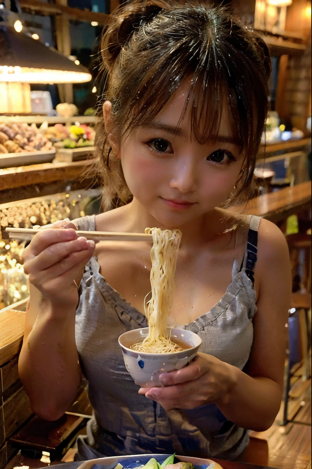 8K, RAW Photo, Best Quality, Masterpiece, Realistic, PhotoRealistic, Extremely Detailed 8K Wallpaper, (Beautifully Detailed Eyes), Finely Detailed Face, 
 BREAK 
High-Key Lighting:1.2, Professional Lighting, 
 BREAK 
Broad Daylight, 
nagashi_soumen, 1 Lady is Eating Somen Noodles with Upturned Eyes:1.2, (Using Chopsticks), 
Somen Noodles are Flowing Down Slide with Running Water:1.6, 
Slide is Made of Bamboo, Thin Noodles, [Ice Cubes, Green Fine Chopped Leeks in Bowl Dish], 
 BREAK 
Perfectly Anatomically Correct:1.1, 5 Beautiful Finger:1.1, 
 BREAK 
1 Lady, (Very Short Hair Bun:1.2), Japanese, Captivating Eye Reflections, Wide-Set Eyes, Big Eyes, Almond-Shaped Eyes, Tareme, Double Eyelids, Eye Bags, (Very White Skinned), 19-Year-Old, 
Round Face, Chiseled Face, Round Chin, Thin Lips, Small Nose, Baby Face, Oval-shaped Face, 
Brown Hair, 
(Side Glancing Viewer:1.2, Eyes Widen:1.0), 
Very Delicious:1.4, Smiling:1.2, 
Wearing Marc Jacobs Off Shoulder Top + Marc Jacobs Short Shorts, 
 BREAK 
SFW:1.1, Non-Nipples:1.0, 
 BREAK 
((Soft Saturation, Soft Contrast)), Eye Focus, Bokeh:1.4