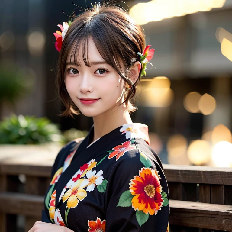 (Highest quality, 8k, 32K, Masseter muscle area, Hmph:1.2), profile, (Slim figure:1.2), (Lips) , double eyelid, Glowing Skin, Realistic Layer, Beautiful Face, (shy-smile:1.4), (short hair:1.4), Blurred Background, (Front Focus), (dark: 1.6), 1 girl, solo, Fantasy art, Photorealistic, Professional Lighting, Highly detailed face, Deep Shadow, (blasck yukata printed frowers), Fireworks