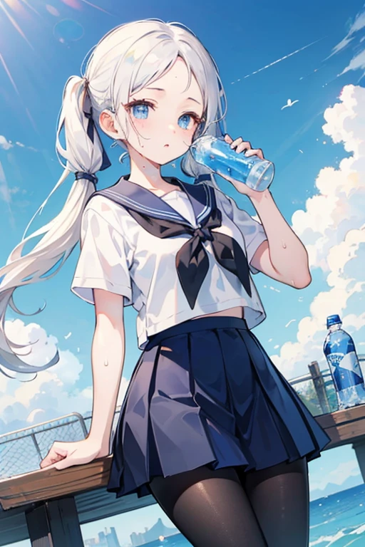 forehead,twintail hair,white hair,blue eyes,13yo and 120cm,school sailor uniform with dark black pantyhose, Pocari Sweat TV commercial style, junior high school girls' youth, refreshing,forehead,In the schoolyard, with an angle from the sky,Hydration, have a blue plastic bottle, sports drink,sweaty,