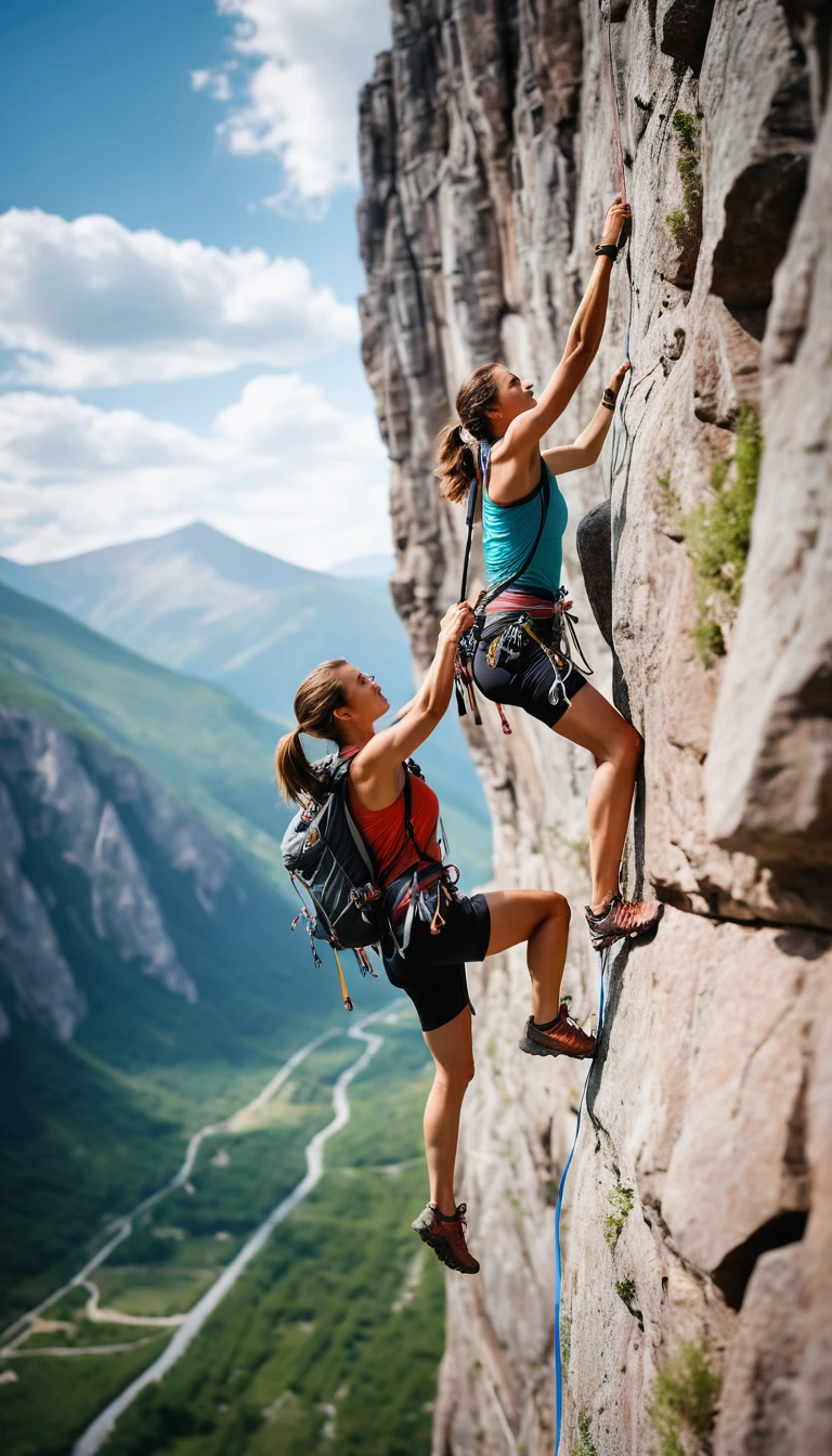 Realistic photography, sport photography, full body shot,  dynamic shot, woman, extreme mountain climbing, hanging high in air on cliff, holding with hand vertically wall of mountain, summer,  , fast capture photo, motion blur, shallow depth of field, bokeh, 8k, film grain, made by dslr