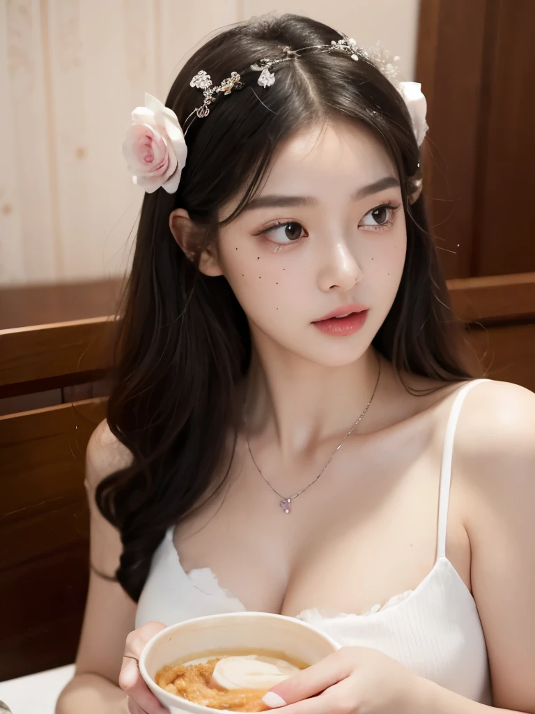 Kim Jennie with black hair, with curlers at the ends, Brown eyes, beautiful eyes, crying eyes, beautiful, splash your nose, watery nose, beautiful lips, pink lips, heart and cupid shaped lip, beautiful skin, pale white skin, with moles and freckles all over his face, soft pink blush on cheeks, soft pink makeup, Nice neck, marked collar, tender look, with a kiss necklace, while wearing a white dress, white dress with rose print, beautiful vestido, as long as you have a slim and beautiful abdomen, sexy (big breasts, soft breasts, beautifuls pechos), while in a restaurant eating noodles, autophoto, looking to the camera