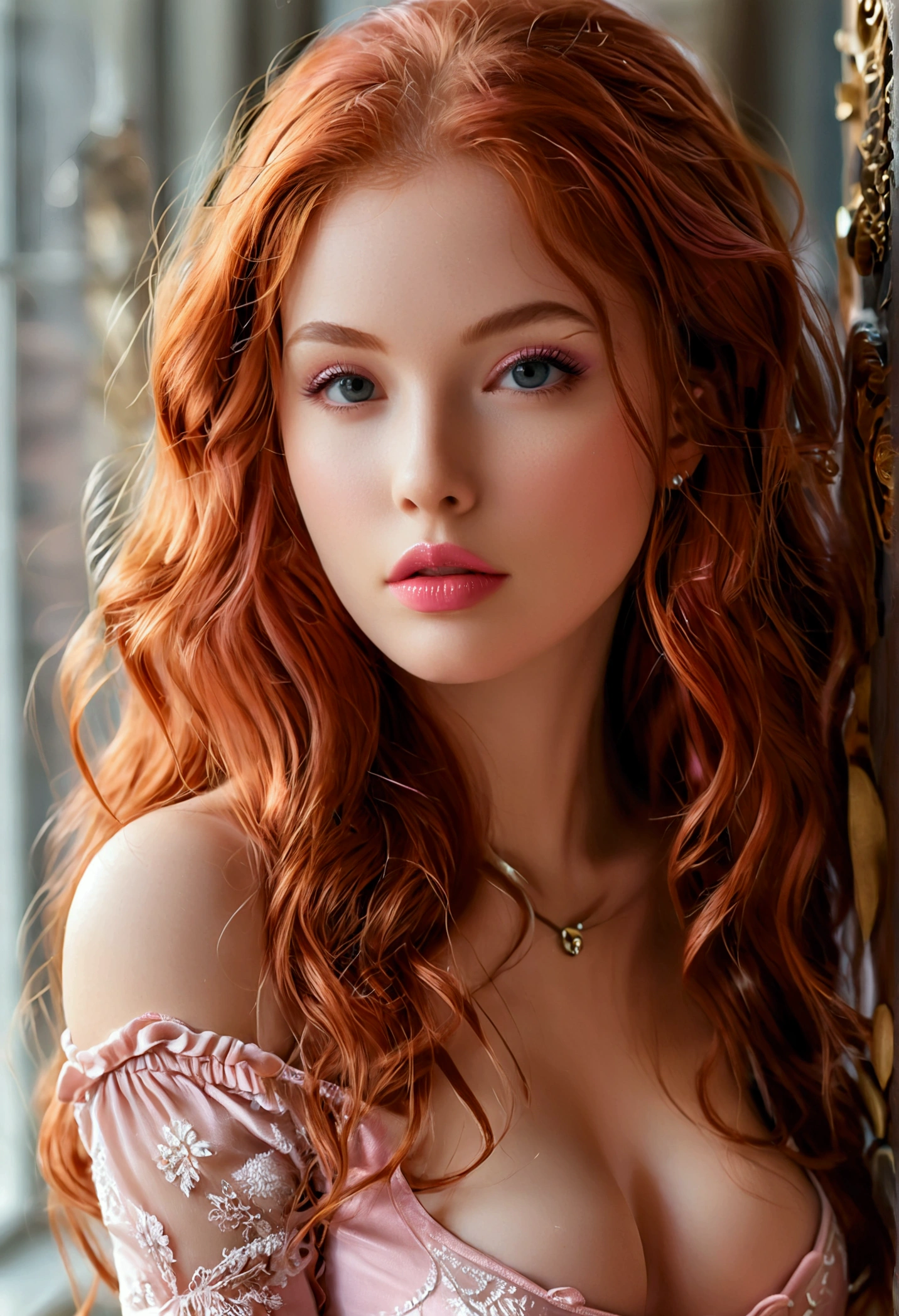 ultra realistic, photography, long red hair, girl, 24 years old, hourglass figure, perfect body, Flirty look, natural medium breasts, wearing a pink opaque top, cleavage, she has pink glossy lips, long eyelashes