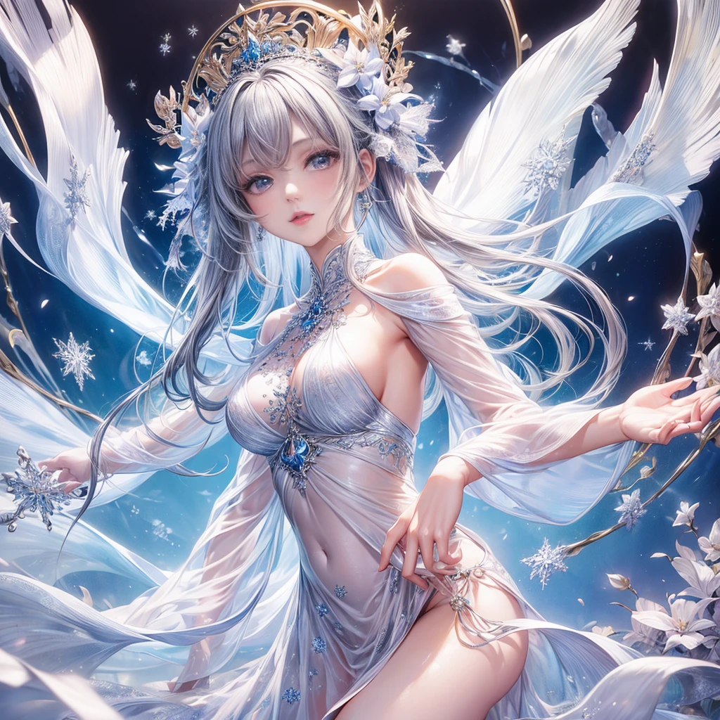 (best quality:1.4), (masterpiece:1.4), ultra-high resolution, 8K, CG, exquisite, upper body, solitude, Thumbelina, little princess, blue taffeta court dress, snowflake background, detailed facial features, silver-gray hair, almond-shaped eyes, intricate eye makeup, long lashes, gray eyes with a starry gaze, intricate lip details, soft and harmonious style.