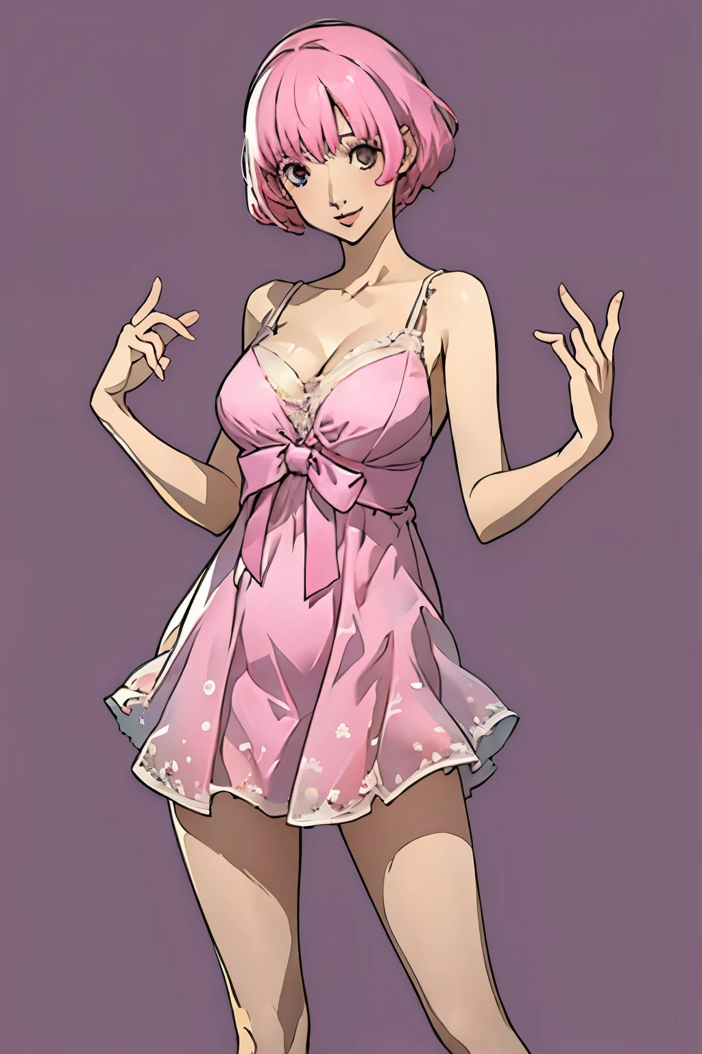 Highest quality, One girl, ((View your viewers)), One girl, Large Breasts, Plump, Wide Hips, Thighs, Are standing, Pink Hair,(Short camisole dress), smile