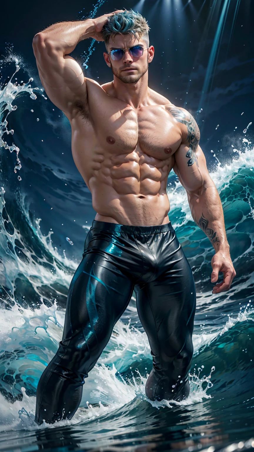 A strong, muscular man with blonde hair and intensely blue eyes stands in a powerful, combat-ready stance. He is shirtless, revealing his well-defined torso and arms, covered in intricate silver tattoos that resemble flowing water and waves, extending across his entire chest and back. He wears sleek, form-fitting pants in shades of blue and silver that flow with his movements, with a shimmering, reflective quality. His smooth and meticulously shaved underarms are exposed. He is surrounded by a dynamic environment of soft blues and aquamarines, with waves and currents of water swirling around him, enhancing the sense of power. The background features a turbulent sea or crashing waves, reflecting his control over the element. The image is rendered in a photorealistic, hyper-realistic 8k style, with vibrant colors, stunning HDR, and lighting that accentuates the texture of the water and the sparkle of the ice. His eyes glow with a cold, icy blue intensity, showcasing his readiness for battle.