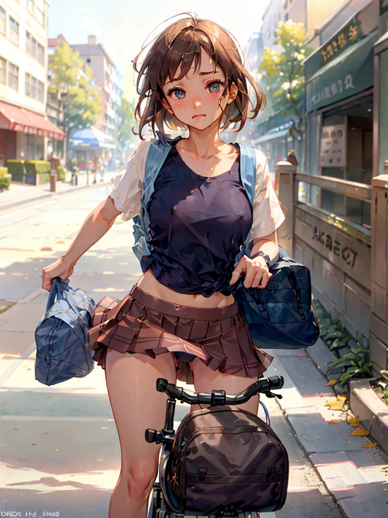 Extremely beautiful school girl, brown hair , pantie tug, covered_nipples, blue bra, blushed, [small breast], , have a school bag, noughty face, riding bicycle