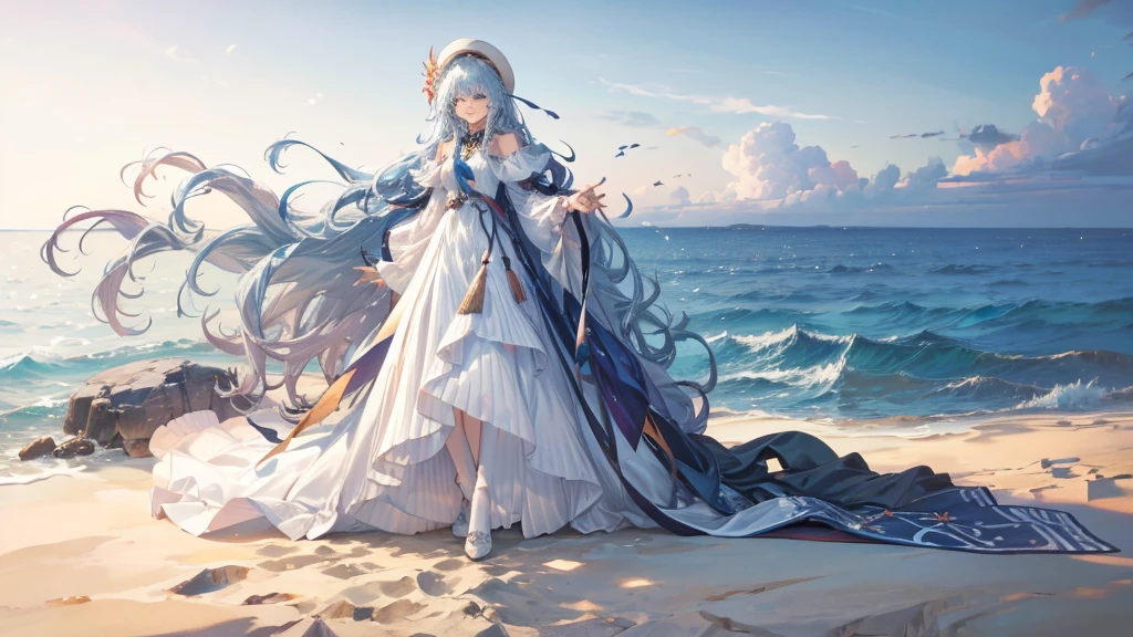 (masterpiece,Highest quality,8k,Very detailed:1.3), (Landscape Photography:1.5),A girl is standing on the beach,(Extreme long shot:1.6),Perfect Face,Perfect Eyes,Anime Style,(((White Dress))),Straw hat,(((Vision,Expansive views,horizon))),Breeze,Swinging Hair, Small breasts,clear ocean,blue sky,White sand beach,bright small shells,bright, Detailed Background,Super Fine,Fine-grained