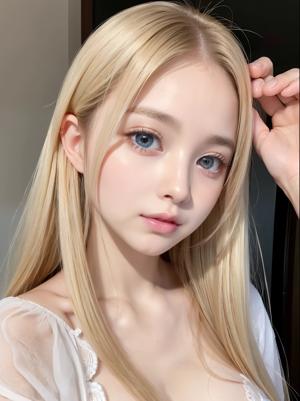 Dazzling golden shine、Silky blonde fine hair、Super long straight hair、Hitting the face and front of the eyes、bright, Very beautiful pale marine blue eyes、Sheer white and wet nightgown、Nordic youth、Perfect body、White beautiful skin、Glowing Skin、Small Face Beauty、Babyng and beautiful skin、Perfect beautiful little face、bright makeup、Cheek gloss、Gloss Face、Very beautiful face、Pale pink lips、bright表情、A very cute 16 year old gned shirt、lipstick、Deceptive advertising、{vapor}、Viewer's vision、Golden Hour Lighting、Bokeh Atmosphere Perspective、detailedな動画 ライト、Intricate details、High resolution、フェイスデザインのdetailedな特徴、detailed、Clear focus、Smoothness、aesthetics、Printed、Octane、masterpiece、{{}}