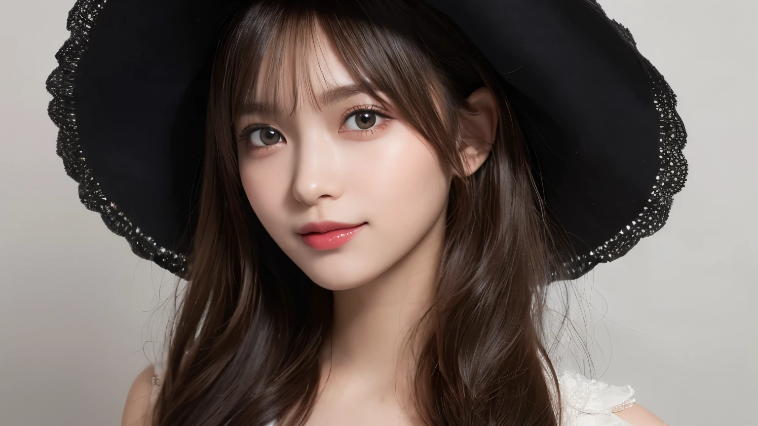 white background, half body portrait, one girl, (a beauty girl, delicate girl:1.3), (20 years old:1.3), break, (witch costume, Witch hat, Witch clothes), break, (gates of hell:1.2), break, very fine eyes, (symmetrical eyes:1.3), break, small breasts, brown eyes, parted bangs, brown hair, (smile), break, (eyes and faces with detailed:1.0), break, (masterpiece, best quality, ultra detailed, detailed face, 8k)