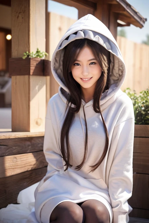 a beautiful detailed girl with semi-long hair, extremely detailed and exquisite facial features, peerless beautiful girl, wearing an oversized two-tone color hoodie dress, slender figure with small breasts, exposed thighs, sweet shy smile showing teeth, soft and dreamy quality, light white and dark brown color tones, exaggerated facial features, solid color background, surreal style, ultra-high resolution, beautiful, cute and lively expression, 