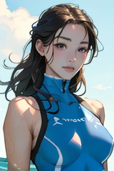 masterpiece、Highest quality、High resolution、Two realistic girls、Competitive swimmer、Close-up of a person、Wearing a light blue bodysuit、During Competitive swimmerics competitions、smile、Swimming Venues、sexy competition swimwear 