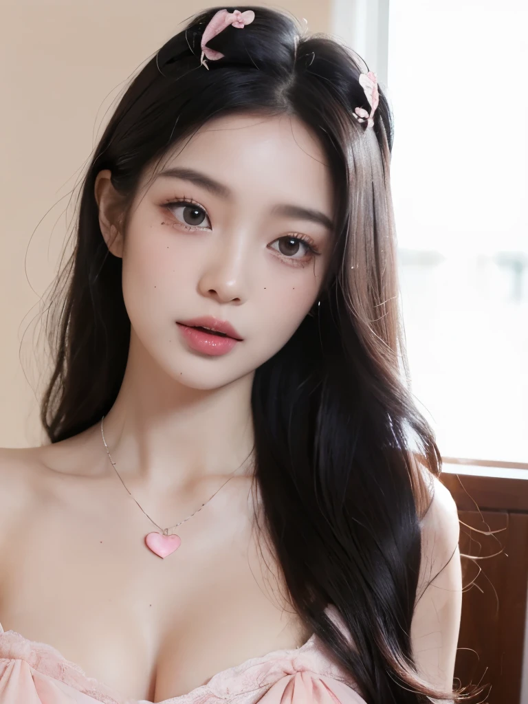 Kim Jennie with black hair, with curlers at the ends, Brown eyes, beautiful eyes, crying eyes, beautiful, splash your nose, watery nose, beautiful lips, pink lips, heart and cupid shaped lip, beautiful skin, pale white skin, with moles and freckles all over his face, soft pink blush on cheeks, soft pink makeup, Nice neck, marked collar, tender look, with a kiss necklace, while wearing a white dress, white dress with rose print, beautiful vestido, as long as you have a slim and beautiful abdomen, sexy (big breasts, soft breasts, beautifuls pechos), while in a restaurant eating noodles, autophoto, looking to the camera