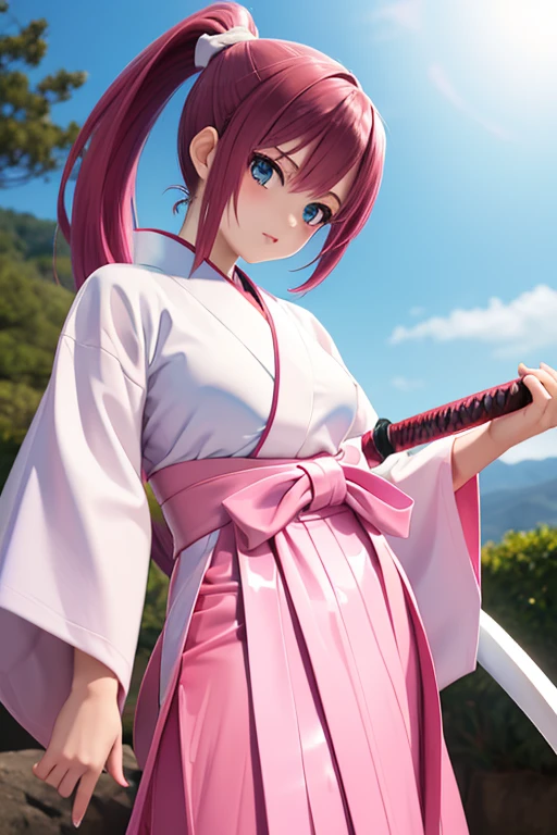 Perfect Anatomy　Highest quality,Highest Resolution,(((dark pink hair　ponytail　Blue and white hakama with latex )))　Furai no Shiren　Asuka　Japanese sword　cool