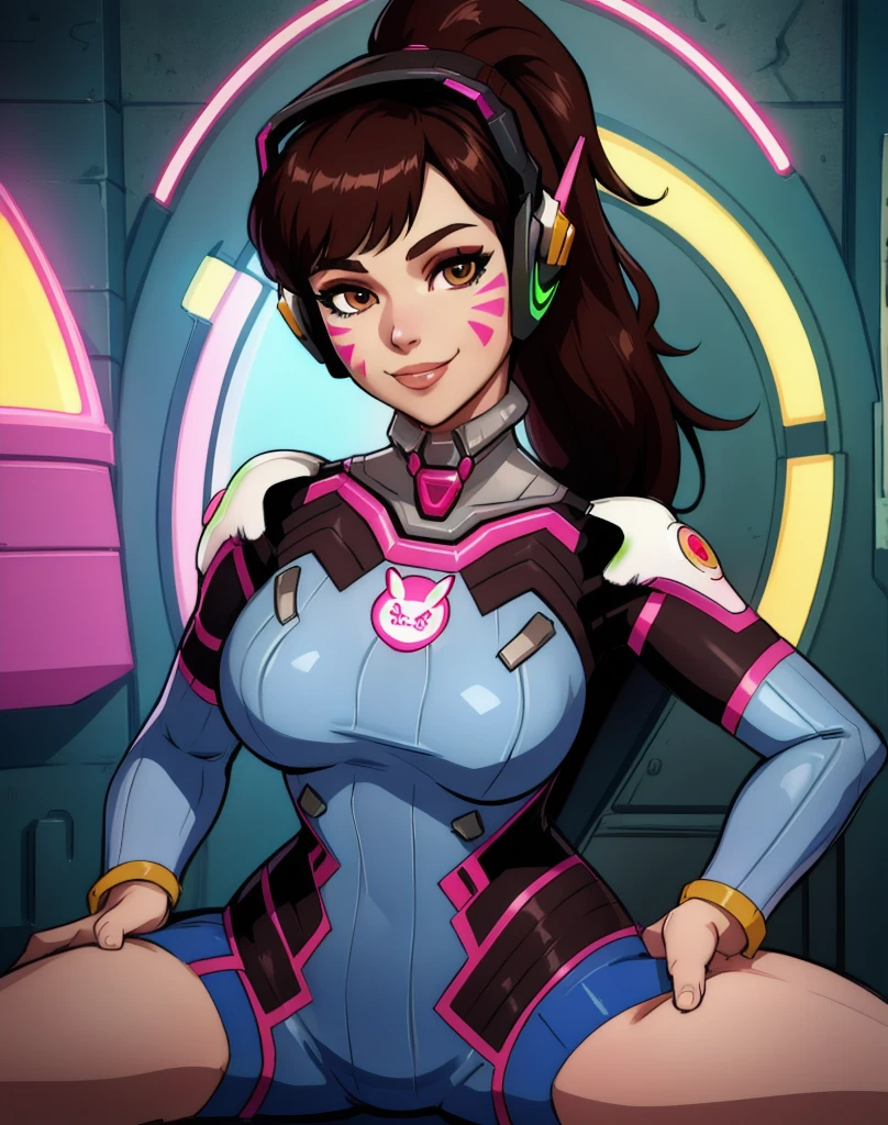 Dva, brown hair, brown eyes,  facial mark,   ponytail, 
bodysuit, armor,   headphones, looking at viewer,  breastplate, 
upper body, sitting, 
arcade, indoors,  neon lights,  smile, 
(insanely detailed, beautiful detailed face,beautiful detailed eyes, masterpiece, best quality),solo, 