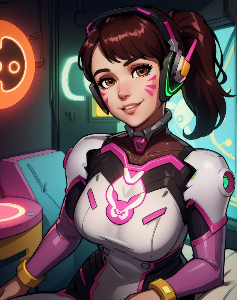 Dva, brown hair, brown eyes,  facial mark,   ponytail, 
bodysuit, armor,   headphones, looking at viewer,  breastplate, 
upper body, sitting, 
arcade, indoors,  neon lights,  smile, 
(insanely detailed, beautiful detailed face,beautiful detailed eyes, masterpiece, best quality),solo, 