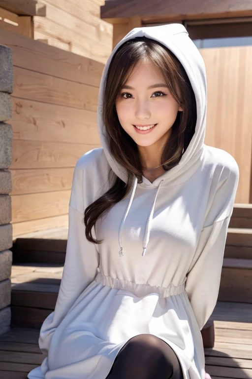 a beautiful detailed girl with semi-long hair, extremely detailed and exquisite facial features, peerless beautiful girl, wearing an oversized two-tone color hoodie dress, slender figure with small breasts, exposed thighs, sweet shy smile showing teeth, soft and dreamy quality, light white and dark brown color tones, exaggerated facial features, solid color background, surreal style, ultra-high resolution, beautiful, cute and lively expression,