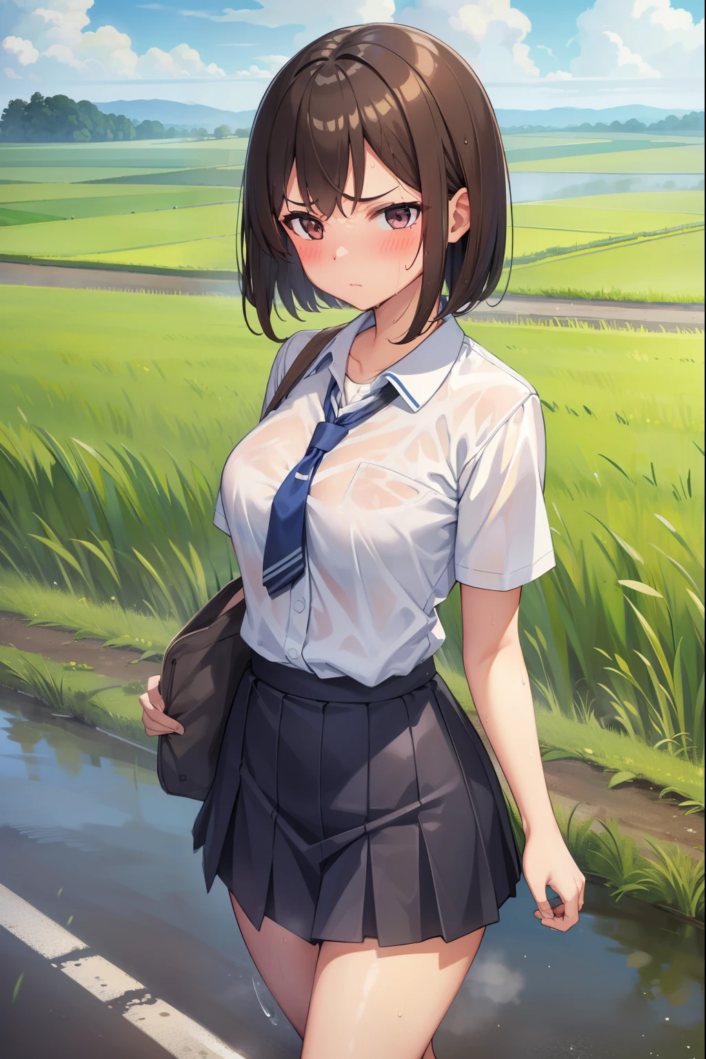countryside,Paddy field,Walking on the road,high school girl,1 girl,cloudy,Shortcuts,Bob Hair,Brown Hair,Summer uniform,thin,blush,Serious face,Large Breasts,mini skirt,Sweaty,Wet,