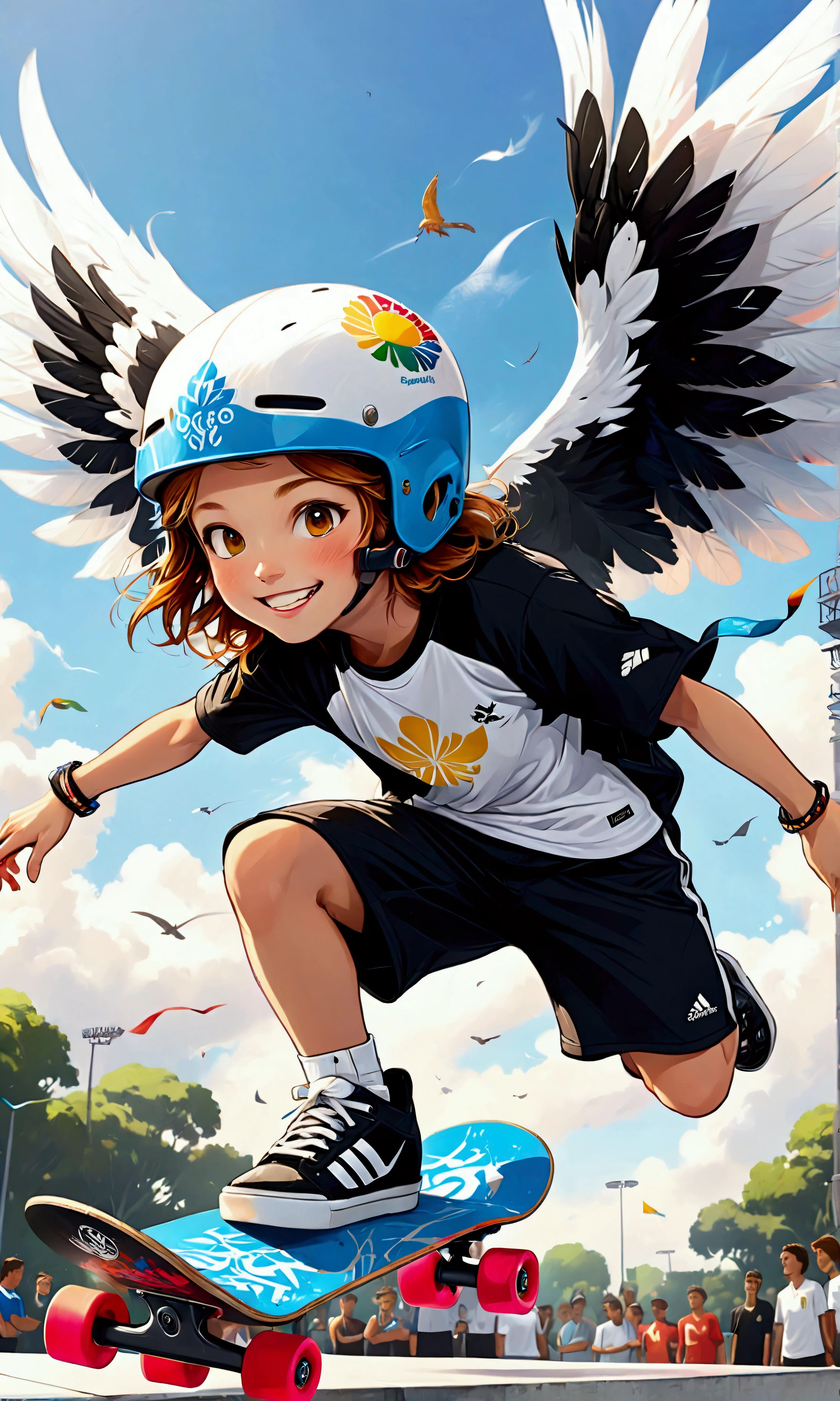 (Summer Olympics Skateboarding Competition: Park: Air),(Smiling skateboarder: girl, ),An image depicting a skateboarding competition scene at the Summer Olympics. The film focuses on the moment a skateboarder uses the ramp to launch into the air and perform a dynamic air trick at a skate park. The athlete is wearing casual skateboarding clothing and maintains his balance in the air with a concentrated look on his face. In the background you can see the excited atmosphere in the stands and the Olympic logo and flag. The overall atmosphere is energetic and dynamic, and the player's skill and boldness stand out.,dynamic pose,Grows wings like a large bird on the player's back,It's like flying,Uplifting,BREAK,(Wear a sports helmet: 1.3),BREAK,(White and black sportswear: 1.3),BREAK,(Structurally correct skateboard: 1.3),BREAK,white wings,BREAK,halation,The blue summer sky spreads out,wind effect,Sparkling,beautiful light and shadow,((Anatomically correct: 1.3)),((Perfect Anatomy:1.3)),intricate details,(masterpiece:1.3),(highest quality:1.4),(ultra detailed:1.5),High resolution,extremely detailed,unity 8k wallpaper,rich colors,colorful,happiness,fun,best color balance