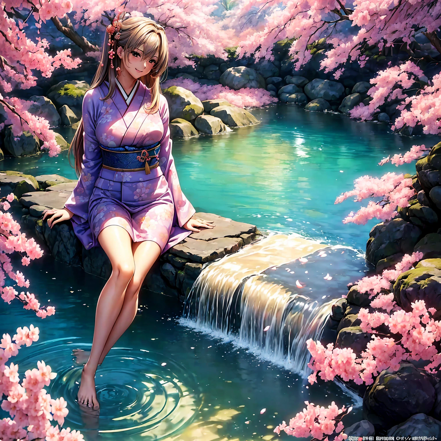 (((highest quality、masterpiece、very high resolution、highly detailed images、detailed details)))、(A woman of perfect and ultimate beauty:18-year-old, beautiful body、beautiful face、beautiful hair,bright smile)、(Slender and beautiful body, best skin and hair texture)、((beautiful bikini:Colorful with floral patterns,shoulders are exposed,I can see my thighs)),(Fantastic waterside,There is a waterfall,Night cherry blossoms and lanterns,mysterious night sky,natural light,beautiful scenery,beautiful scenery),(water play,beautiful pose,model shoot,Hair flutters under the influence of the wind),bijinga,realistic portrait,Overall image、accurate image、accurate anatomy、Image without defects,(best shot,RAW photo:1.2)