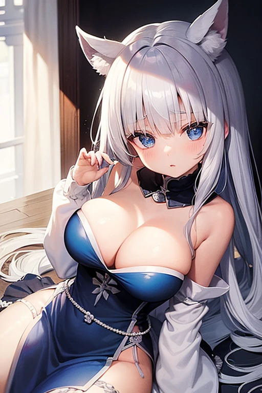 Kanna kamui, breasts, grey hair, blue eyes, silver dress