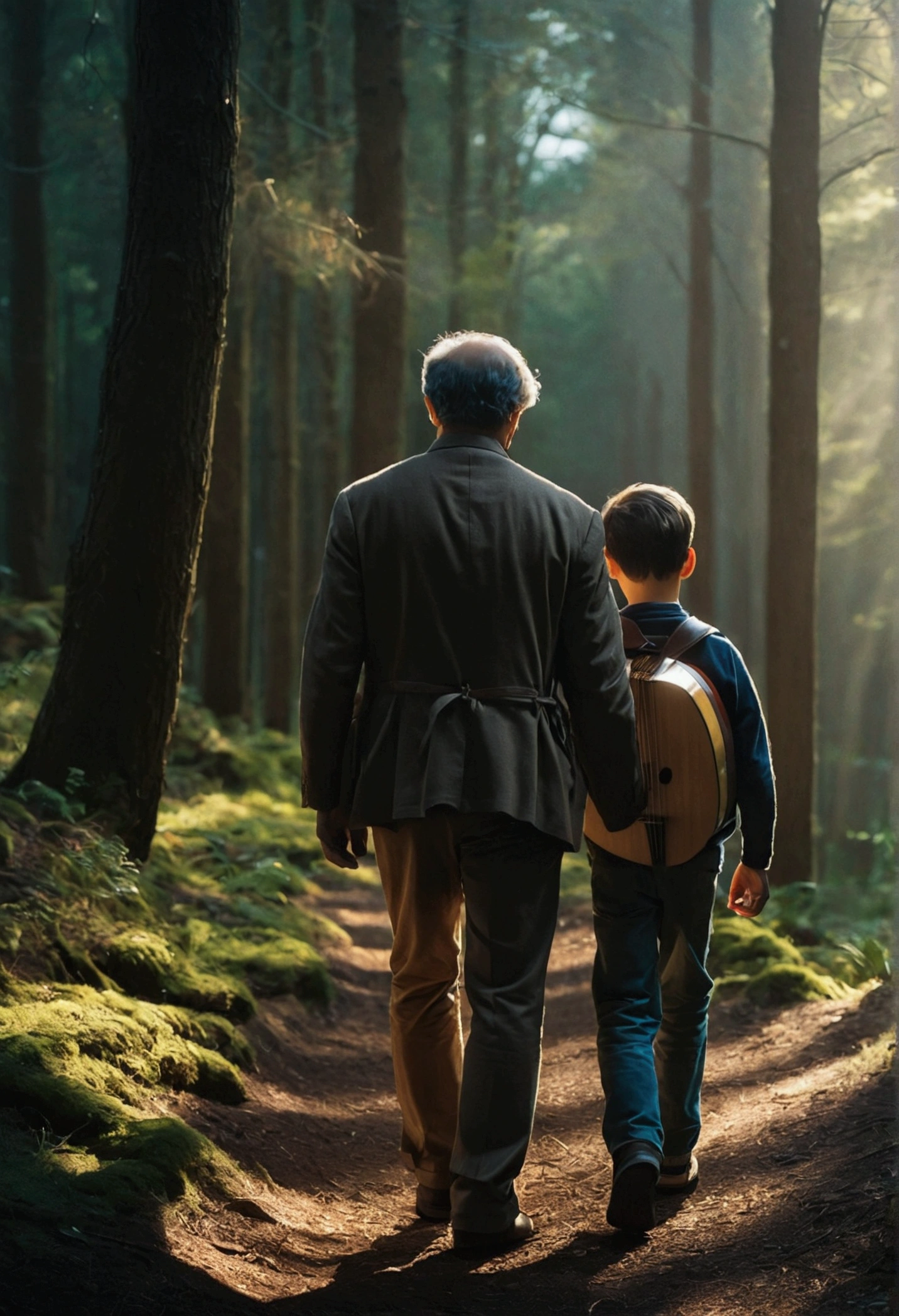 Father and son walking, the two walking in nature, walking backwards, intense light hitting them, well-lit forest, Cinematic photo, (Foto RAW, real, best qualityer, Masterpiece artwork: 1.2), (Hiper realisitic, realisitic: 1.2), high qualiy, (dark ilumination: 1.2), perfect lighting, Lightroom, 35mm films, cinemactic, dimmed colors, dark shot, Muted colours, grainy film, lute, insane details, Intricate details, smirk on face, brighter environment