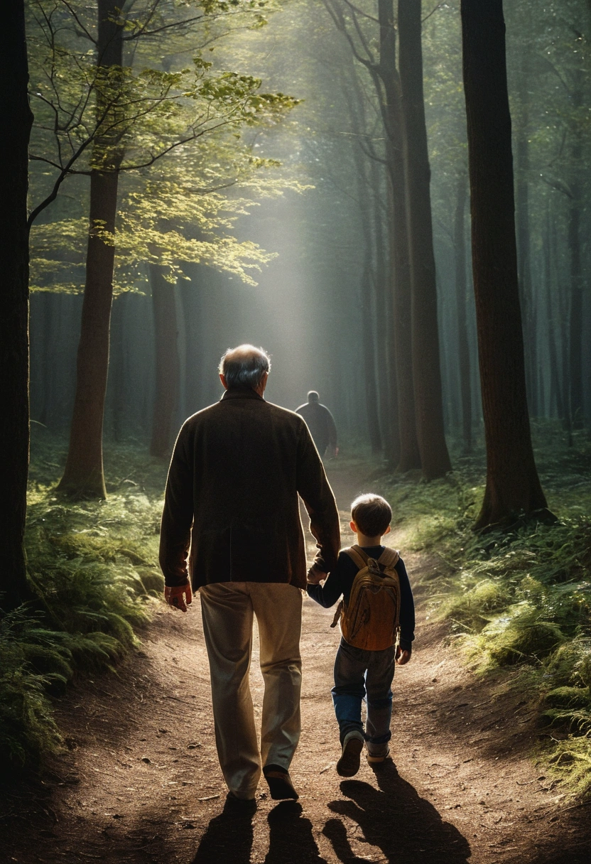 Father and son walking, the two walking in nature, walking backwards, intense light hitting them, well-lit forest, Cinematic photo, (Foto RAW, real, best qualityer, Masterpiece artwork: 1.2), (Hiper realisitic, realisitic: 1.2), high qualiy, (dark ilumination: 1.2), perfect lighting, Lightroom, 35mm films, cinemactic, dimmed colors, dark shot, Muted colours, grainy film, lute, insane details, Intricate details, smirk on face, brighter environment