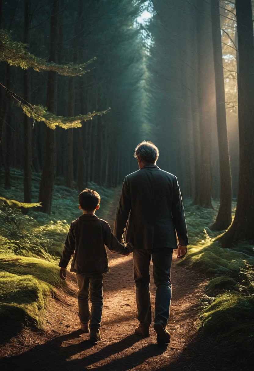Father and son walking, the two walking in nature, walking backwards, intense light hitting them, well-lit forest, Cinematic photo, (Foto RAW, real, best qualityer, Masterpiece artwork: 1.2), (Hiper realisitic, realisitic: 1.2), high qualiy, (dark ilumination: 1.2), perfect lighting, Lightroom, 35mm films, cinemactic, dimmed colors, dark shot, Muted colours, grainy film, lute, insane details, Intricate details, smirk on face, brighter environment