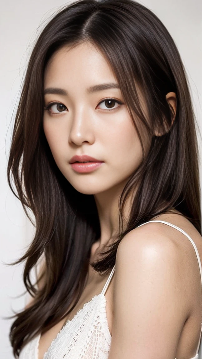 dark brown hair、Light brown eyes、Japanese actress face、 Lady、looks like him&;I'm about 40 years old、(intricate-detail:1.2)、(top-qualy:1.4)、 (Super high resolution:1.2)、Super high resolution、(A detailed eye)、(detailed facial features)、ticker、8K resolution、D-cup size breasts、long hair、forward bending pose、Sitting on a sofa in a classical cafe in Paris、Relaxing、parisienne fashion、beautiful legs、