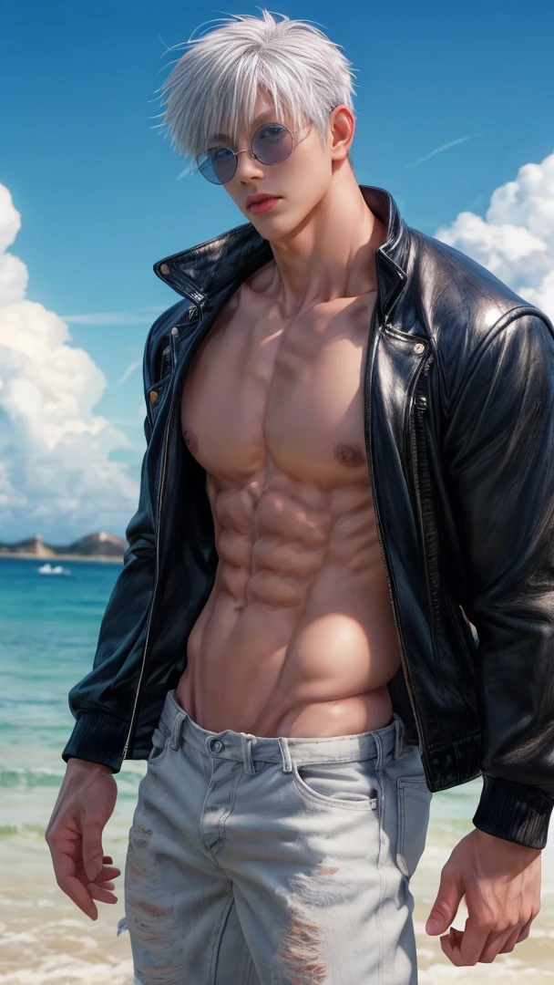 Japanese male model, adult, handsome, perfect face, detailed eyes and face, clean shaved, sixpack realistic, white eyebrow hair, white eyelashes, dynamic lighting, unreal engine 5, hd picture, satoru gojo, white hair, short hair ,hair between eyes ,blue eyes, white skin, Leather jacket, sunglasses, Short jeans